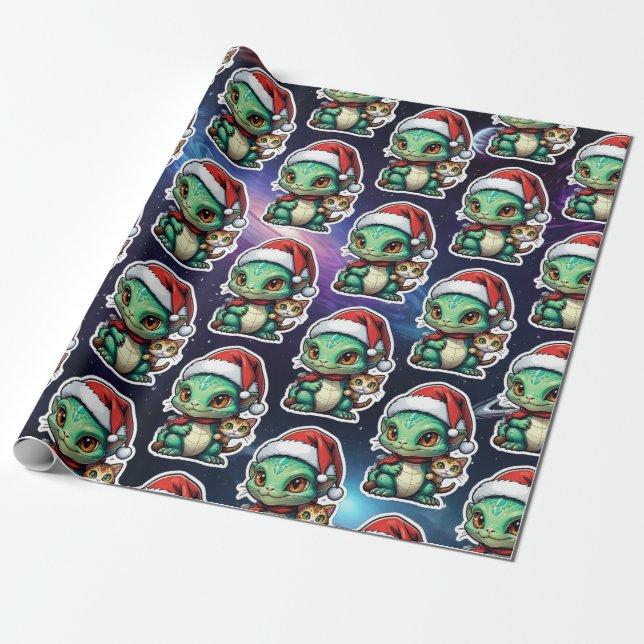 Niedliche Alien und Katze im Weltraum Geschenkpapier (Ungerollt)