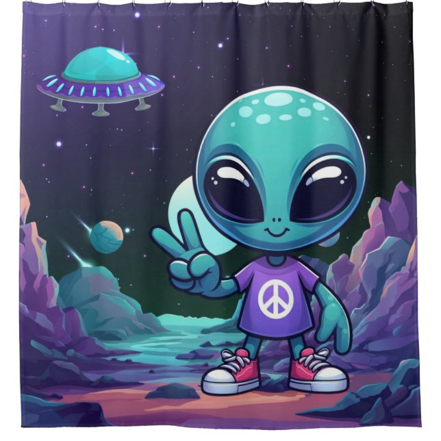 Niedliche Alien und Raumfahrt Duschvorhang (Vorderseite)