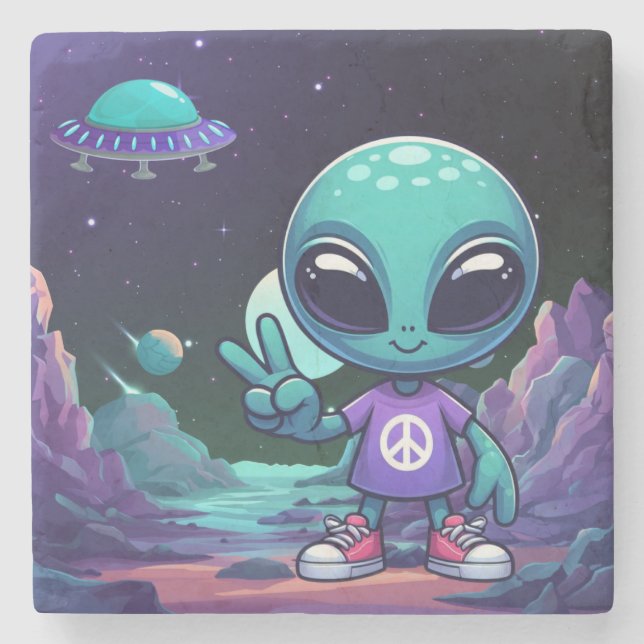 Niedliche Alien und Raumfahrt Steinuntersetzer (Vorderseite)