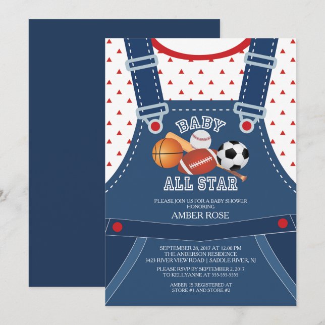 Niedliche ALL STAR SPORT Kinderdusche Einladung (Vorne/Hinten)