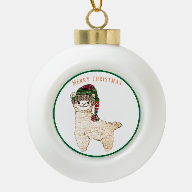 Niedliche Alpaka mit festlichem Hut Keramik Kugel-Ornament (Vorderseite)