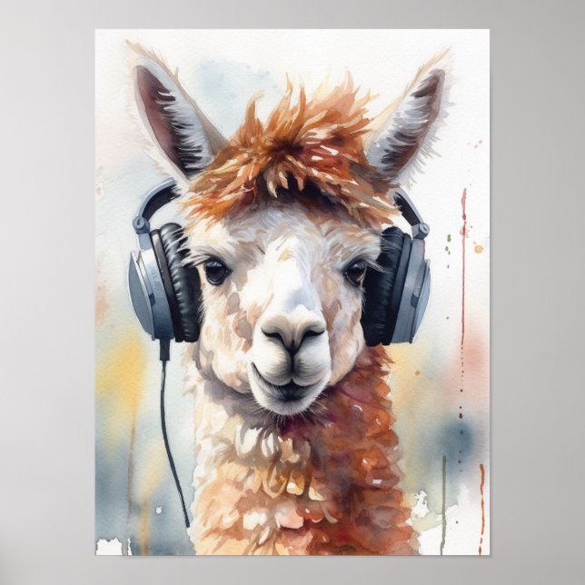 Niedliche Alpakawolle mit Kopfhörer Poster (Vorne)
