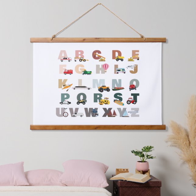 Niedliche Alphabet-ABC-LKWs, Transportfahrzeuge Wandteppich Mit Holzrahmen (Schlafzimmer)