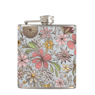 Niedliche Alte Rose Rosa Blumendoodles Design Flachmann