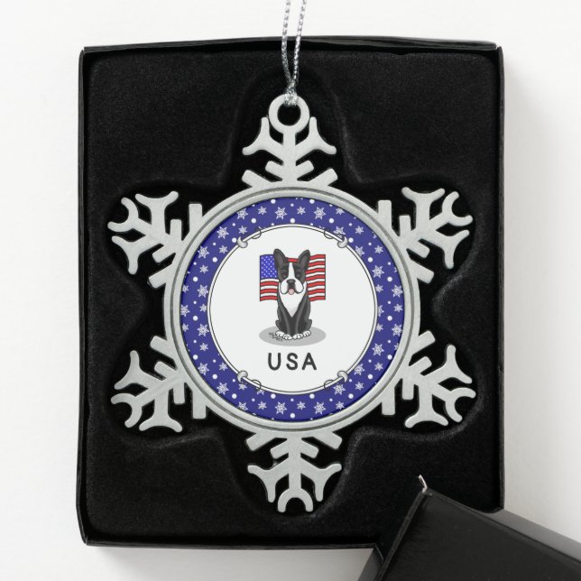 Niedliche amerikanische Flagge Boston Terrier Dog  Schneeflocken Zinn-Ornament (Box)