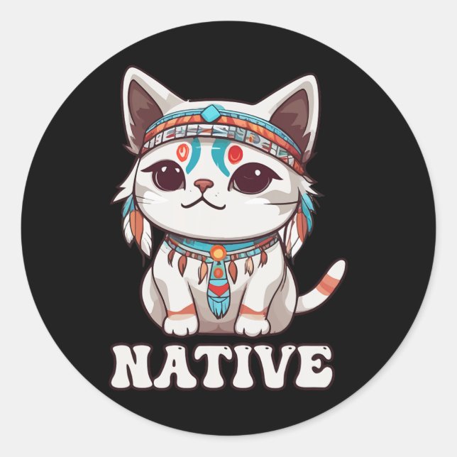 Niedliche amerikanische Indianerin Kawaii Katze Fr Runder Aufkleber (Vorderseite)