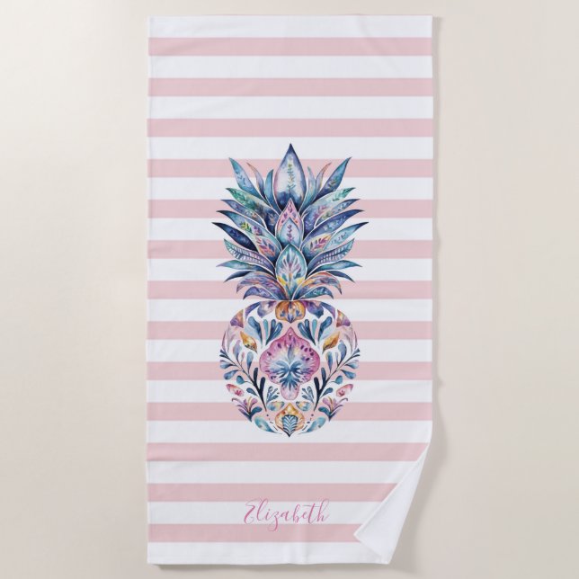 Niedliche Ananas, farbenfroh, rosa Streifen Strandtuch (Vorderseite)