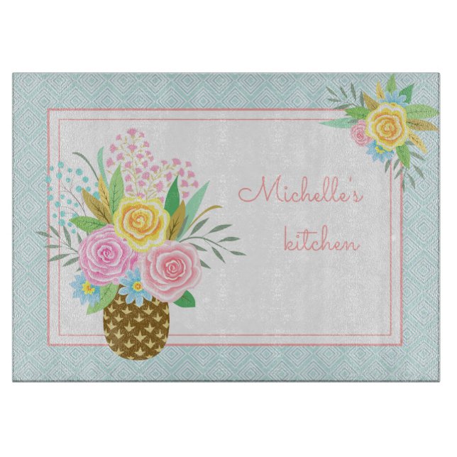 Niedliche Ananas Rose Bouquet Pink Türkis Schneidebrett (Vorderseite)