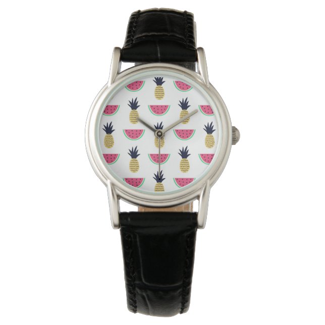 Niedliche Ananas & Watermelon Doodle Muster Armbanduhr (Vorderseite)