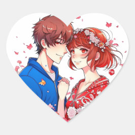 Niedliche Anime Boy und Girl Cuddling Herz-Aufkleber