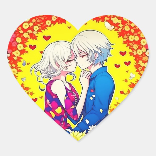 Niedliche Anime Couple, Herz und Blume Herz-Aufkleber (Vorderseite)