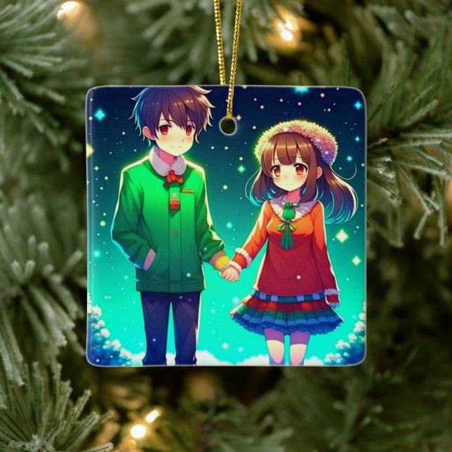 Niedliche Anime Couple Holding Hands Personalisier Keramikornament (Baum)