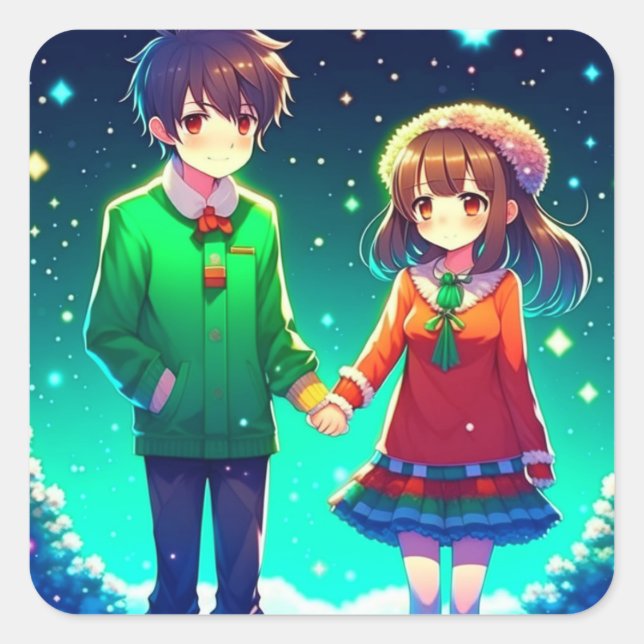 Niedliche Anime Couple Holding Hands Personalisier Quadratischer Aufkleber (Vorderseite)