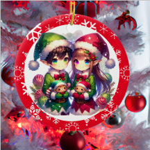 Niedliche Anime-Elfen und Schneeflocken Weihnachte