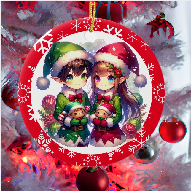 Niedliche Anime-Elfen und Schneeflocken Weihnachte Keramik Ornament (Von Creator hochgeladen)