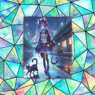 Niedliche Anime Gamer Girl & Cat Groß Fleecedecke