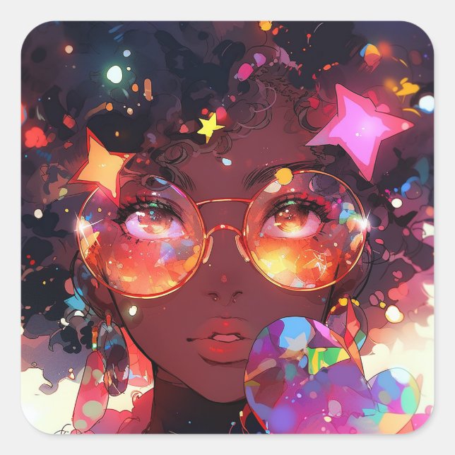 Niedliche Anime Girl American Art Quadratischer Aufkleber (Vorderseite)
