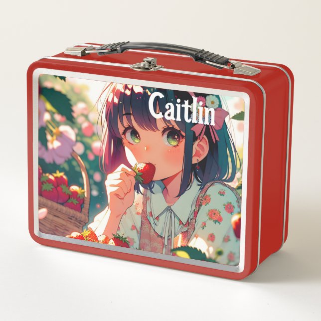 Niedliche Anime Girl Eating Erdbeeren Metall Brotdose (Vorderseite)