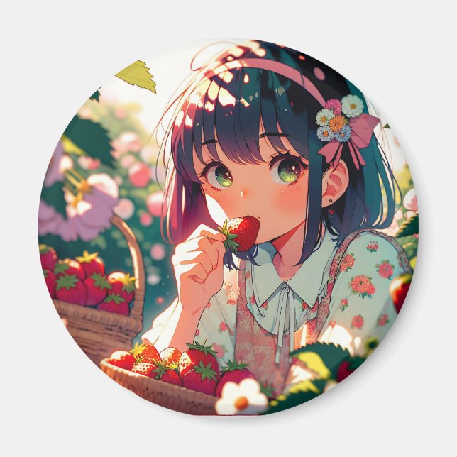 Niedliche Anime Girl Eating Erdbeeren | Sommertag Magnet (Vorne)