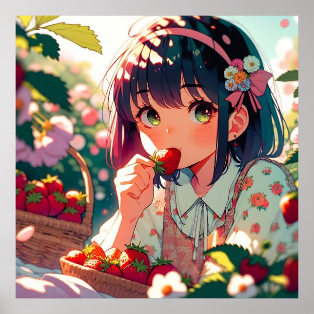 Niedliche Anime Girl Eating Erdbeeren | Sommertag Poster (Vorne)