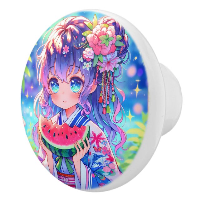 Niedliche Anime Girl Eating Watermelon Keramikknauf (Rechts)
