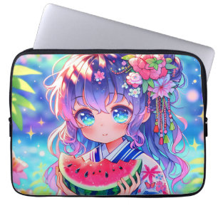 Niedliche Anime Girl Eating Watermelon Laptopschutzhülle