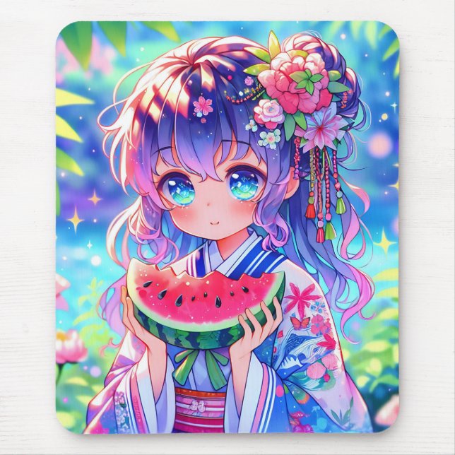Niedliche Anime Girl Eating Watermelon Mousepad (Vorne)