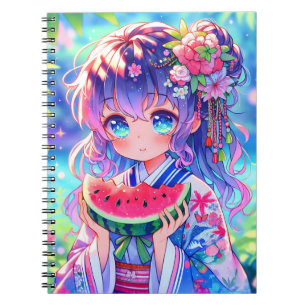 Niedliche Anime Girl Eating Watermelon Notizblock