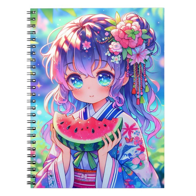 Niedliche Anime Girl Eating Watermelon Notizblock (Vorderseite)