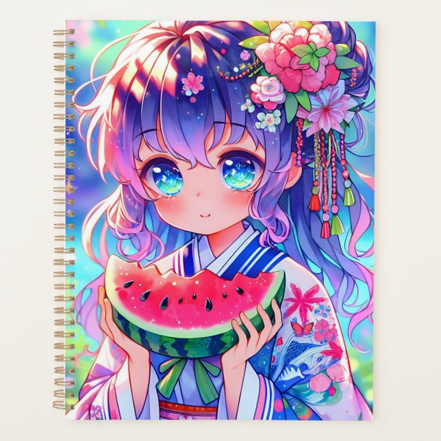 Niedliche Anime Girl Eating Watermelon Planer (Vorderseite)
