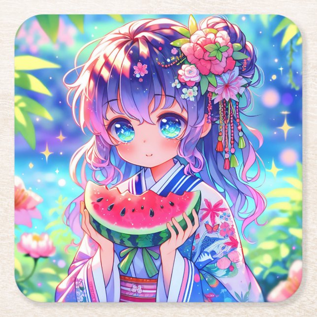 Niedliche Anime Girl Eating Watermelon Rechteckiger Pappuntersetzer (Vorderseite)
