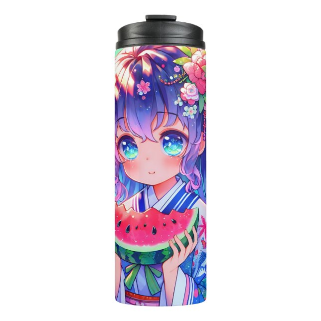 Niedliche Anime Girl Eating Watermelon Thermosbecher (Vorderseite)