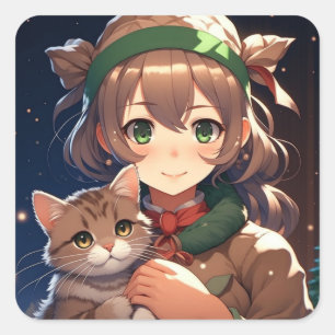 Niedliche Anime Girl Holding a Kitten Weihnachten Quadratischer Aufkleber