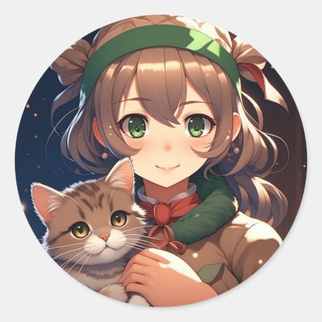 Niedliche Anime Girl Holding a Kitten Weihnachten Runder Aufkleber (Vorderseite)