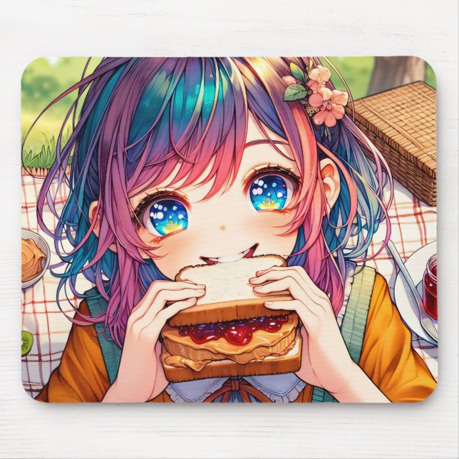 Niedliche Anime Girl isst einen Erdnussbutter und  Mousepad (Vorne)
