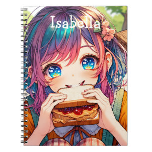 Niedliche Anime Girl isst einen Erdnussbutter und  Notizblock