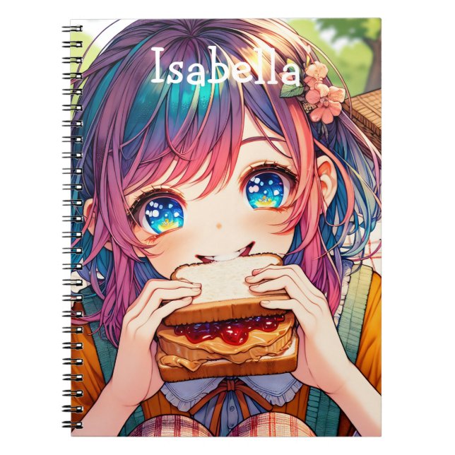 Niedliche Anime Girl isst einen Erdnussbutter und  Notizblock (Vorderseite)