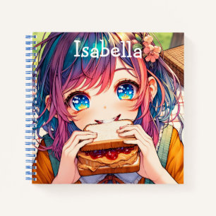 Niedliche Anime Girl isst einen Erdnussbutter und  Notizbuch