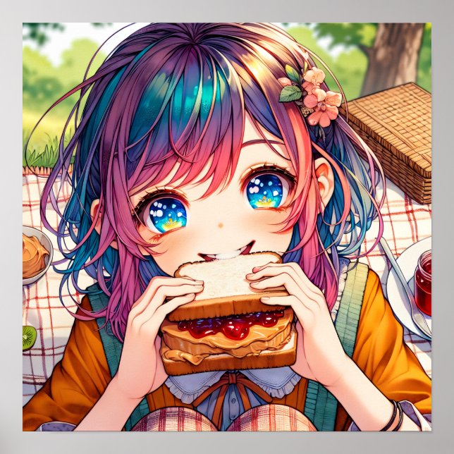 Niedliche Anime Girl isst einen Erdnussbutter und  Poster (Vorne)