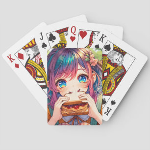 Niedliche Anime Girl isst einen Erdnussbutter und  Spielkarten