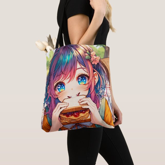 Niedliche Anime Girl isst einen Erdnussbutter und  Tasche (Von Nahem)