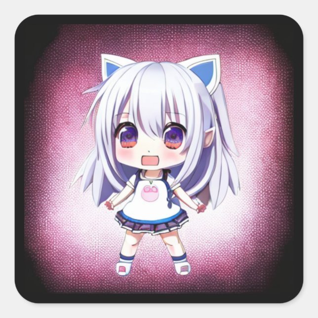 Niedliche Anime Girl mit Cat Ears Headband Quadratischer Aufkleber (Vorderseite)
