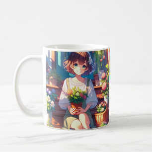 Niedliche Anime Girl mit einer Pflanze Kaffeetasse