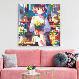 Niedliche Anime Girl mit einer Pflanze Leinwanddruck
