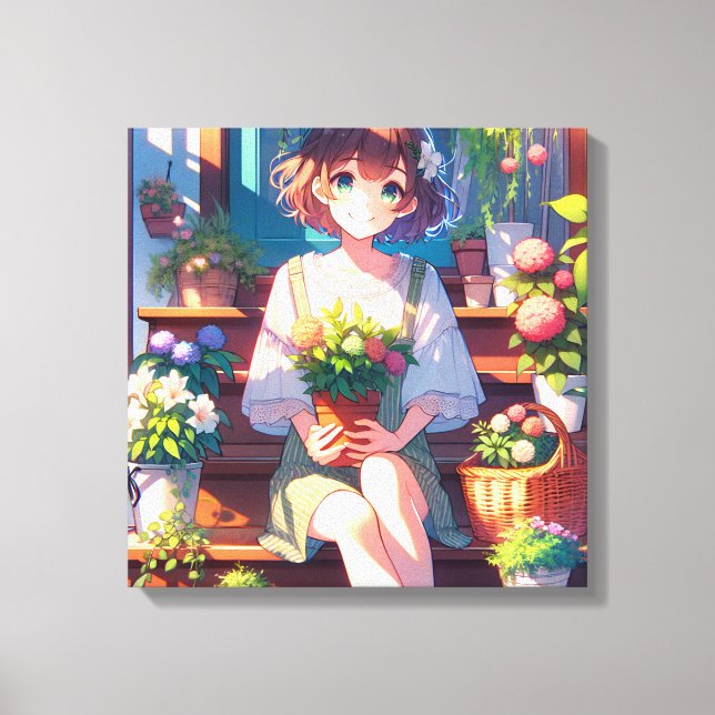 Niedliche Anime Girl mit einer Pflanze Leinwanddruck (Vorderseite)