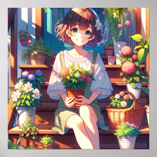 Niedliche Anime Girl mit einer Pflanze Poster (Vorne)