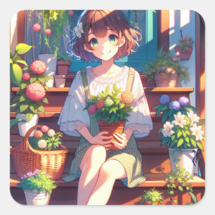 Niedliche Anime Girl mit einer Pflanze Quadratischer Aufkleber