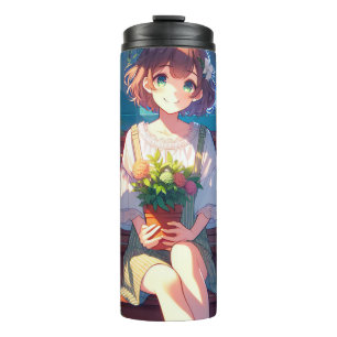 Niedliche Anime Girl mit einer Pflanze Thermosbecher