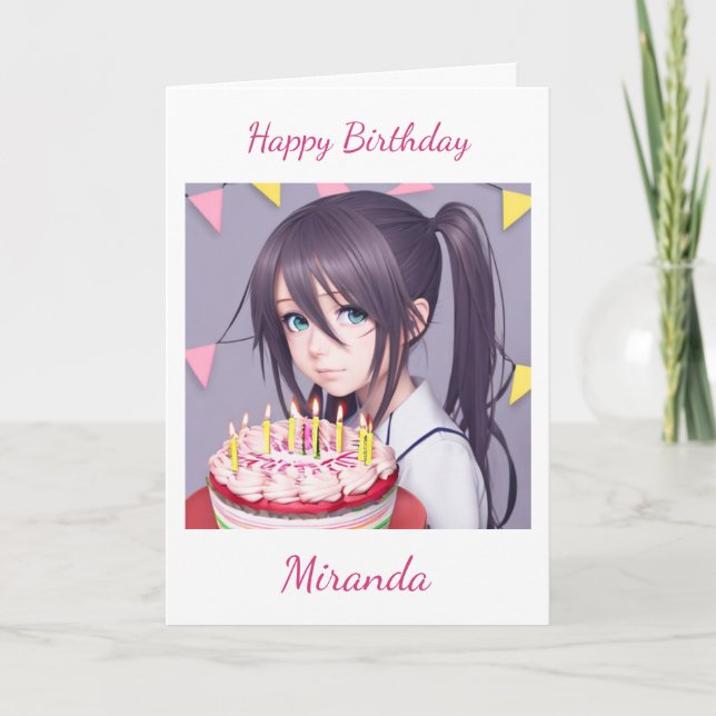 Niedliche Anime Girl mit Geburtstagskuchen Karte (Vorderseite)