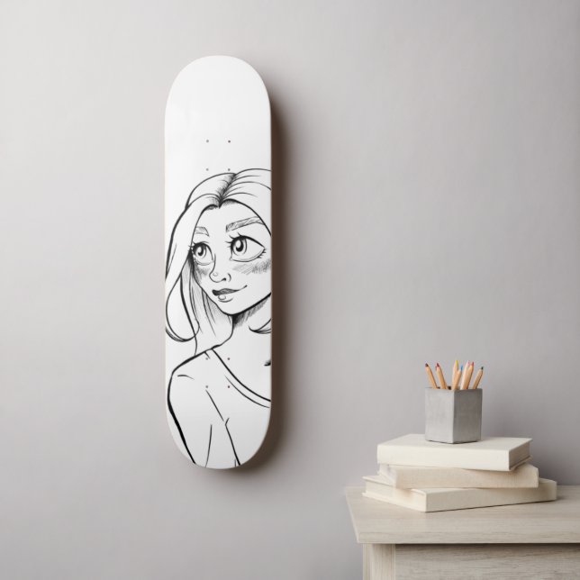 Niedliche Anime Girl Schwarz-weiß Illustration Skateboard (Wandkunst)